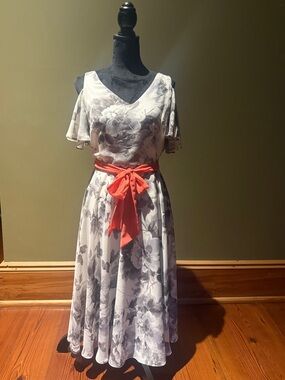 Gray Floral Midi Dress with Coral Sash